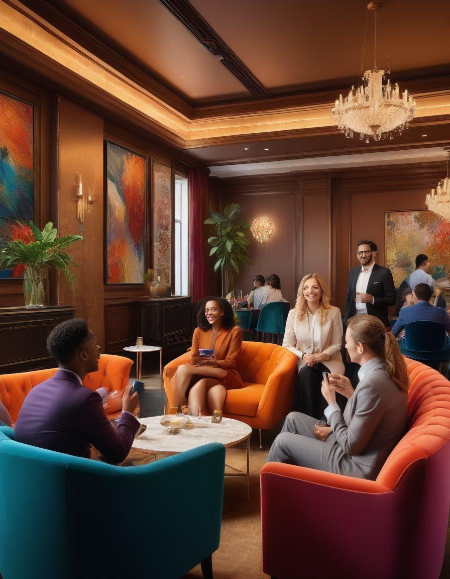 A vibrant scene showcasing a diverse group of people engaging in dynamic conversations and networking within an exclusive club atmosphere. The background features stylish decor and ambient lighting that fosters a sense of community and collaboration. People are exchanging ideas, sharing business cards, and using digital devices to connect, symbolizing modern networking. The mood is energetic and inviting, capturing the essence of building connections. colorful and lively. super-realistic.